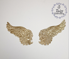 Load image into Gallery viewer, Gold Angel Wings Embroidered Patch Set, Large Metallic Wing Appliques for Jackets, Costume Wings, Pair of Celestial Iron-On Patches