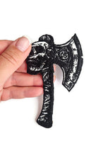 Load image into Gallery viewer, Battle Axe Patch - Viking Double Headed Axe Embroidery Iron-On - Norse Pagan Aesthetic - Metalhead Battle Vest Decor