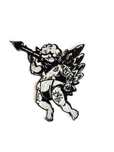 Load image into Gallery viewer, Tattooed Cupid Patch - Badass Angel Embroidered Iron-On - Old School Tattoo Core Aesthetic - Punk Rock Cherub Patch - Edgy Heart Spear