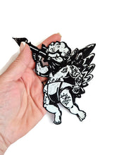 Load image into Gallery viewer, Tattooed Cupid Patch - Badass Angel Embroidered Iron-On - Old School Tattoo Core Aesthetic - Punk Rock Cherub Patch - Edgy Heart Spear
