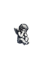 Load image into Gallery viewer, Crying Angel Embroidered Patch Sad Cherub Iron On PatchBags - Renaissance Art Inspired Applique - Black and White Angel Wing Patch