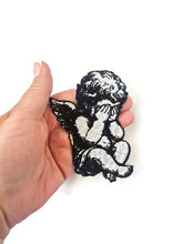 Load image into Gallery viewer, Crying Angel Embroidered Patch Sad Cherub Iron On PatchBags - Renaissance Art Inspired Applique - Black and White Angel Wing Patch