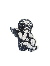 Load image into Gallery viewer, Crying Angel Embroidered Patch Sad Cherub Iron On PatchBags - Renaissance Art Inspired Applique - Black and White Angel Wing Patch