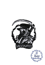 Load image into Gallery viewer, Vaccinated Iron-On Patch, Biker Style, Vaxxed Patch with Skull, Doktor Plague