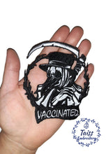 Load image into Gallery viewer, Vaccinated Iron-On Patch, Biker Style, Vaxxed Patch with Skull, Doktor Plague