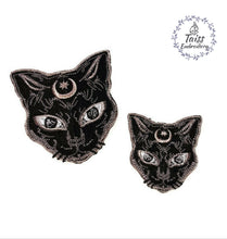 Load image into Gallery viewer, Black Cat, Large Patch, Embroidered Iron Sew On Applique, Witch Gothic Punk , Witch Goth Pagan Wiccan Occult Moon Cat Patch