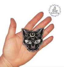 Load image into Gallery viewer, Black Cat, Large Patch, Embroidered Iron Sew On Applique, Witch Gothic Punk , Witch Goth Pagan Wiccan Occult Moon Cat Patch