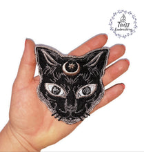 Load image into Gallery viewer, Black Cat, Large Patch, Embroidered Iron Sew On Applique, Witch Gothic Punk , Witch Goth Pagan Wiccan Occult Moon Cat Patch