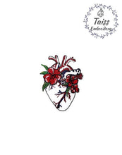 Load image into Gallery viewer, Heart with flowers large embroidered patch. Iron on applique 3,5x4,7in