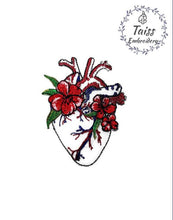 Load image into Gallery viewer, Heart with flowers large embroidered patch. Iron on applique 3,5x4,7in