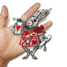 Load image into Gallery viewer, Embroidered patch iron on, White rabbit with clock patch, Alice in wonderland, Cheshire cat patch, mad hatter patch, large patch