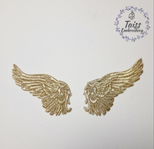 Load image into Gallery viewer, Gold Angel Wings Embroidered Patch Set, Large Metallic Wing Appliques for Jackets, Costume Wings, Pair of Celestial Iron-On Patches
