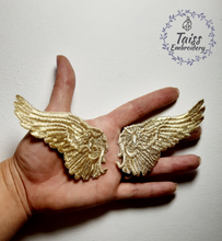 Load image into Gallery viewer, Gold Angel Wings Embroidered Patch Set, Large Metallic Wing Appliques for Jackets, Costume Wings, Pair of Celestial Iron-On Patches
