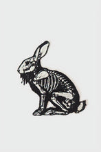 Load and play video in Gallery viewer, Skeleton Bunny Embroidered Patch - Gothic Rabbit Anatomy Badge - Dark Aesthetic Creepy Cute Accessory for Jackets &amp; Backpacks
