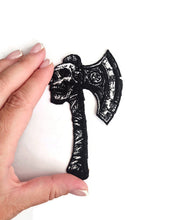 Load image into Gallery viewer, Battle Axe Patch - Viking Double Headed Axe Embroidery Iron-On - Norse Pagan Aesthetic - Metalhead Battle Vest Decor
