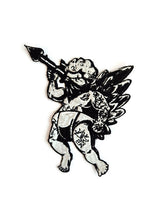Load image into Gallery viewer, Tattooed Cupid Patch - Badass Angel Embroidered Iron-On - Old School Tattoo Core Aesthetic - Punk Rock Cherub Patch - Edgy Heart Spear
