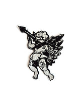 Load image into Gallery viewer, Tattooed Cupid Patch - Badass Angel Embroidered Iron-On - Old School Tattoo Core Aesthetic - Punk Rock Cherub Patch - Edgy Heart Spear
