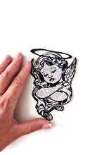 Load image into Gallery viewer, Sleeping Angel Patch - Renaissance Cherub Embroidered Iron-On - Gothic Angel with Halo - Soft Grunge Aesthetic - Baby Angel Back Patch
