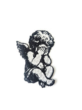 Load image into Gallery viewer, Crying Angel Embroidered Patch Sad Cherub Iron On PatchBags - Renaissance Art Inspired Applique - Black and White Angel Wing Patch

