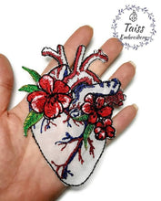 Load image into Gallery viewer, Heart with flowers large embroidered patch. Iron on applique 3,5x4,7in
