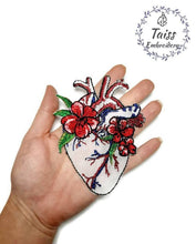 Load image into Gallery viewer, Heart with flowers large embroidered patch. Iron on applique 3,5x4,7in
