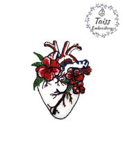 Load image into Gallery viewer, Heart with flowers large embroidered patch. Iron on applique 3,5x4,7in
